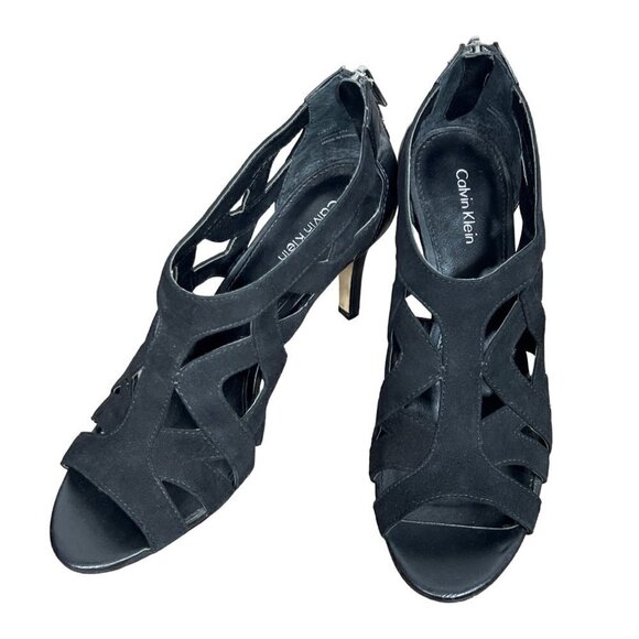 CALVIN KLEIN Kiani Black Suede Heels Sz 8 EUC - Picture 1 of 8